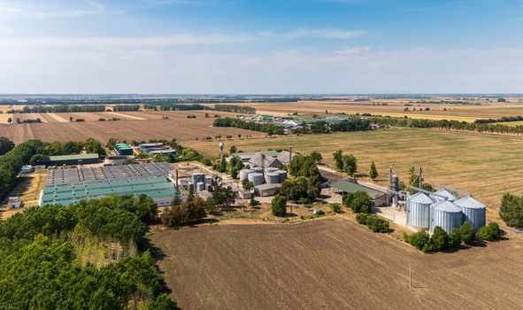 Aerial view of biogas plant and cattle farm in Hajduboszormeny Hungary Aerial view of biogas plant and cattle farm in Hajduboszormeny Hungary