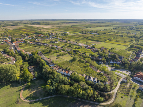 Aerial view of Hajos pincefalu a historic wine cellar village with traditional white buildings nestled among lush vineyards and rolling green fields in Hajos Hungary. Aerial view of Hajos pincefalu a historic wine cellar village with traditional white buildings nestled among lush vineyards and rolling green fields in Hajos Hungary.