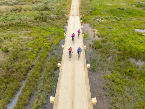 Aerial view of cyclists riding across a concrete bridge over a marshy landscape in Greyton Western Cape South Africa.