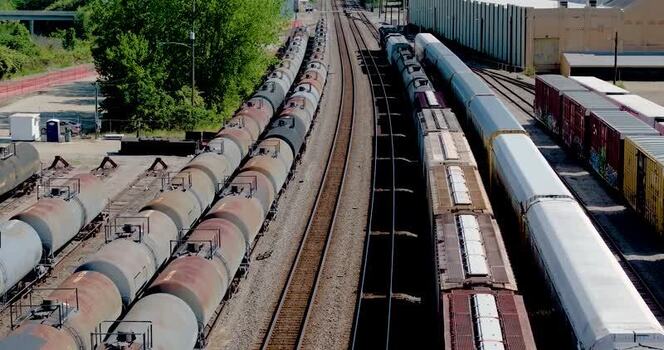 Aerial view of freight trains and rail yard tracks United States. Aerial view of freight trains and rail yard tracks United States.