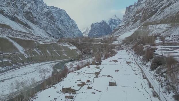 Aerial view of snow covered mountains Pakistan.