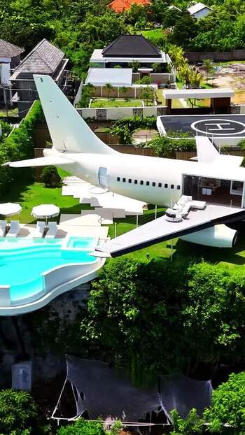 Aerial view of converted airplane villa in Bali Indonesia.