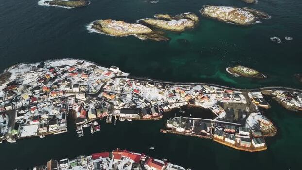 Aerial view of Henningsv&aelig;r village Norway.
