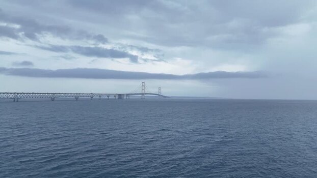 Aerial view of Mackinac Bridge over the water United States.