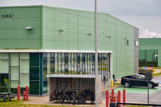 Middenmeer Netherlands 17 May 2026 View of the Microsoft data center facility with green cladding bicycle parking and industrial architecture at Agriport.
