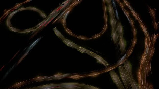 Aerial view of highway interchange at night Portugal.