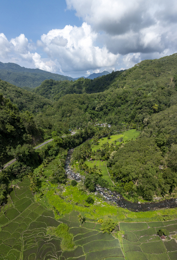 Aerial view of lush green rice terraces along a winding river in the mountainous landscape of Flores East Nusa Tenggara Indonesia. Aerial view of lush green rice terraces along a winding river in the mountainous landscape of Flores East Nusa Tenggara Indonesia.