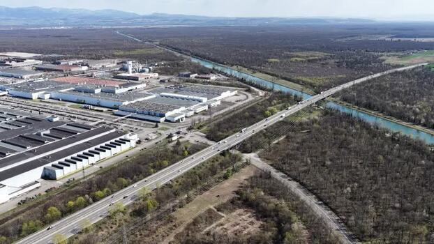 Aerial view of industrial area and canal France.