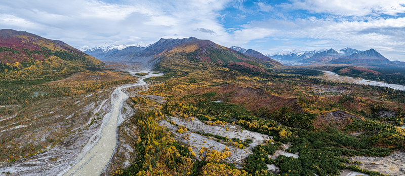 Aerial view of Delta River winding through the vast Alaskan wilderness featuring vibrant autumn foliage rugged mountains and glacial riverbeds in Southeast Fairbanks Alaska United States. Aerial view of Delta River winding through the vast Alaskan wilderness featuring vibrant autumn foliage rugged mountains and glacial riverbeds in Southeast Fairbanks Alaska United States.