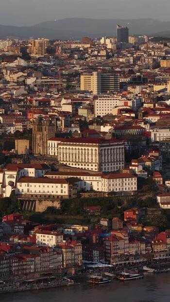 Aerial view of Porto Cathedral and buildings Portugal.