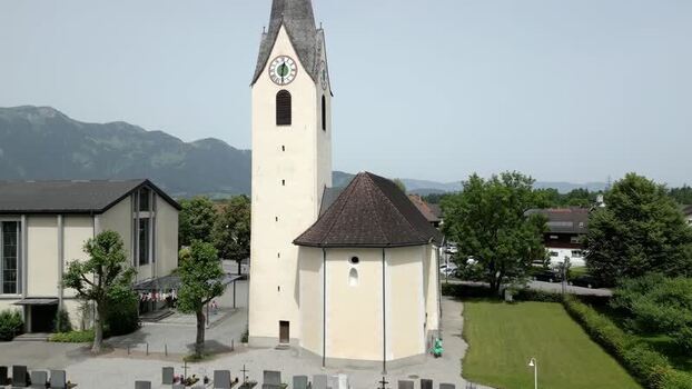 Aerial view of a historic church in Liechtenstein.