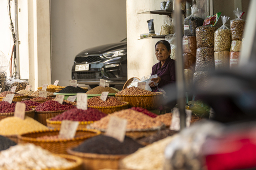 Hanoi Vietnam 11 November 2025 View of a woman selling various types of beans and grains in woven baskets at a local market with bags of produce displayed in the background.