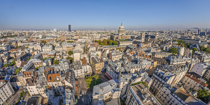 FRANCE. PARIS 75 5TH ARRONDISSEMENT. AERIAL VIEW OF THE MOUFFETARD NEIGHBOURHOOD. IN THE FOREGROUND ON THE LEFT THE PLACE DE LA CONTRESCARPE. IN THE BACKGROUND IN THE CENTRE THE PANTHEON