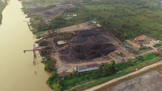 Aerial view of coal mining site in Anggana Indonesia.