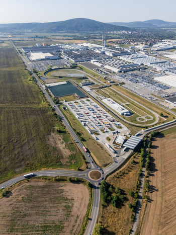 Aerial view of the Volkswagen plant near Devinska Nova Ves featuring industrial buildings parking lots and test tracks Bratislava Bratislavsky kraj Slovakia. Aerial view of the Volkswagen plant near Devinska Nova Ves featuring industrial buildings parking lots and test tracks Bratislava Bratislavsky kraj Slovakia.