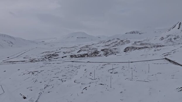 Aerial view of Pyramiden settlement in the arctic Svalbard and Jan Mayen.