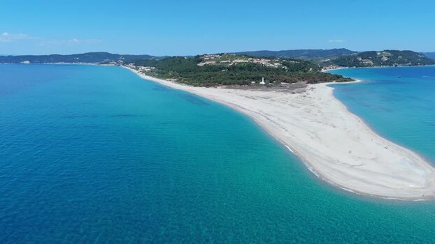 Aerial view of Possidi Beach sand spit and turquoise sea Greece.