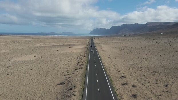 Aerial View of a road across the desert Canary Islands Spain.