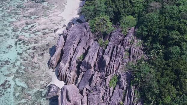 Aerial view of Anse Reunion granite rocks in Seychelles.