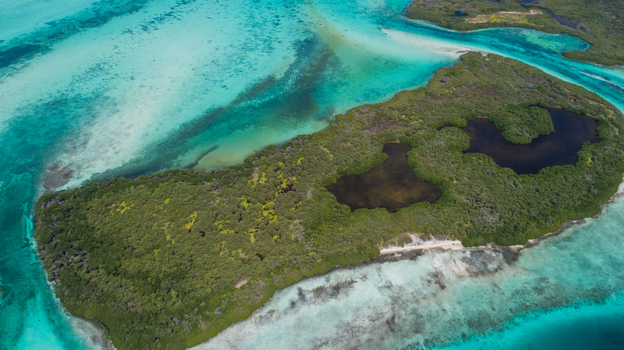 Aerial view of Los Roques archipelago featuring lush green vegetation and dark lagoons surrounded by turquoise Caribbean waters in Los Roques Dependencias Federale Venezuela. Aerial view of Los Roques archipelago featuring lush green vegetation and dark lagoons surrounded by turquoise Caribbean waters in Los Roques Dependencias Federale Venezuela.