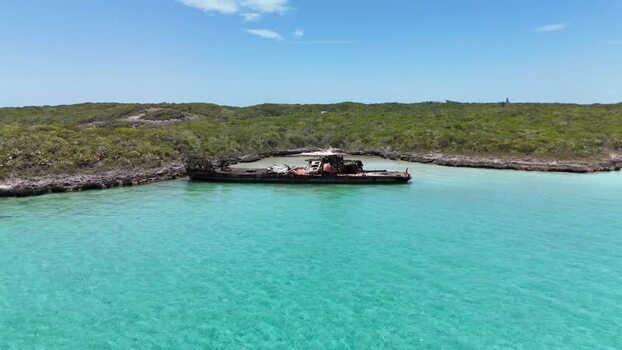 Aerial view of a shipwreck near Crab Cay The Bahamas.