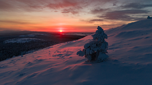 Aerial view of the snow covered Luosto fell landscape with frozen trees under a vibrant sunset sky in Sodankyla Lapland Finland. Aerial view of the snow covered Luosto fell landscape with frozen trees under a vibrant sunset sky in Sodankyla Lapland Finland.