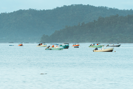 View of small boats anchored in a calm bay with lush forested hills in the background in Costa Rica.