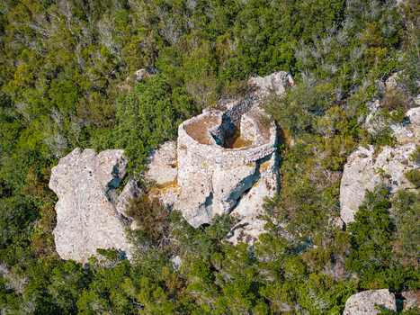 Aerial view of the ancient stone ruins of Passo del Monumento surrounded by dense Mediterranean forest and rocky terrain in Campo nell Elba Toscana Italy.