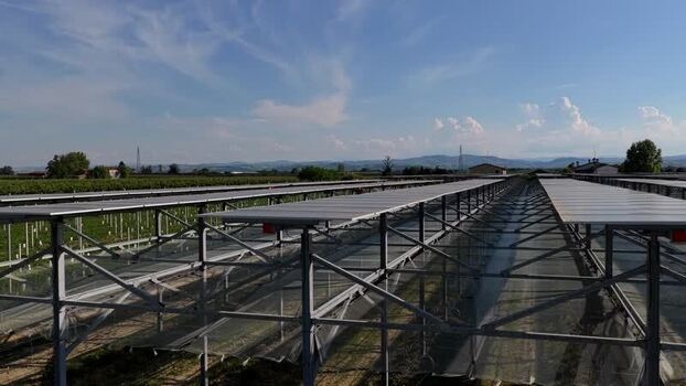 Aerial view of solar panels in Faenza Italy.