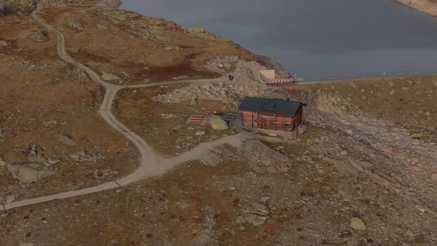 Aerial view of Aletsch Glacier cabin in Fieschertal Switzerland.