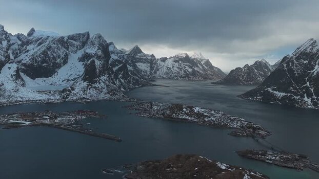 Aerial view of Reinebringen mountains Norway.