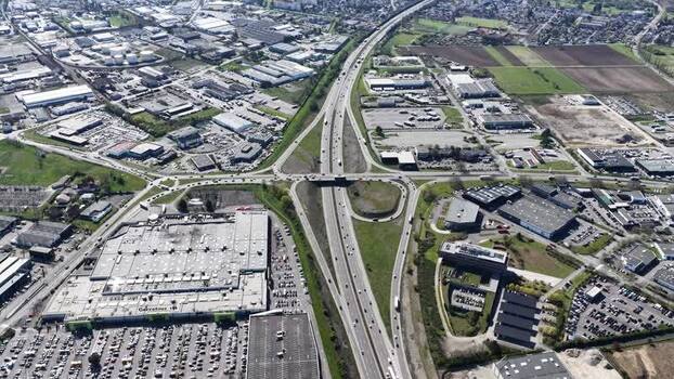 Aerial view of highway interchange France.