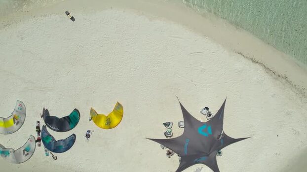 Aerial view of kitesurfing gear on Los Roques beach Venezuela.