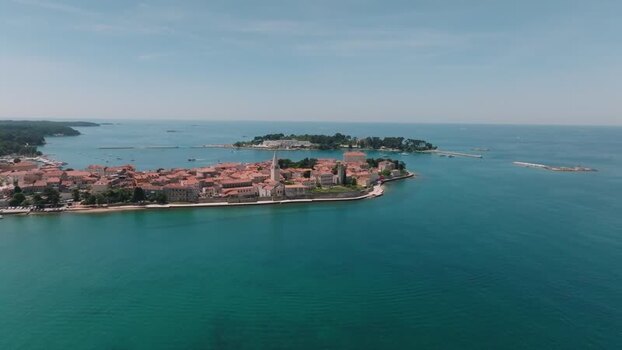 Aerial view of Porec old town and coastline Croatia.