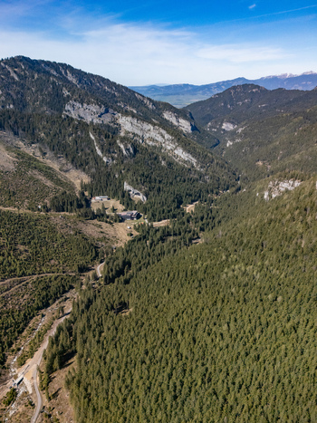 Aerial view of the lush Demanovska Dolina valley featuring dense evergreen forests and steep rocky slopes under a clear blue sky in Demanovska Dolina Zilina Region Slovakia.