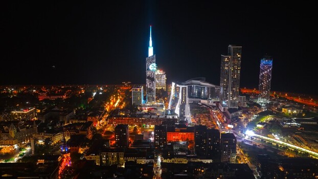 Batumi Georgia 17 September 2026 Aerial view of the illuminated Batumi city skyline at night featuring the iconic Batumi Tower modern skyscrapers and glowing streets.