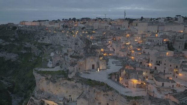 Aerial view of Sassi di Matera at twilight Italy.