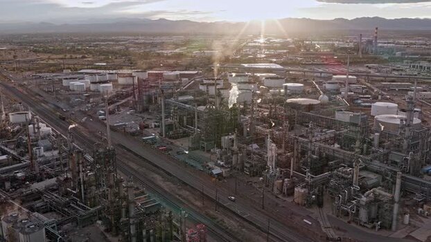 Aerial view of Suncor Energy oil refinery in Commerce City United States.