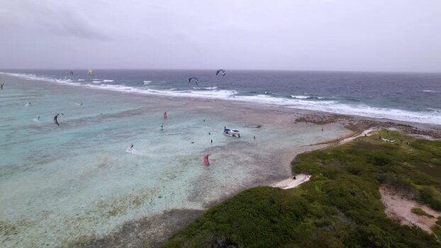 Aerial view of kite surfers in Los Roques archipelago Venezuela.