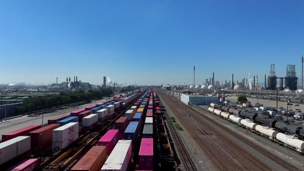 Aerial view of freight train at Port of Long Beach United States.