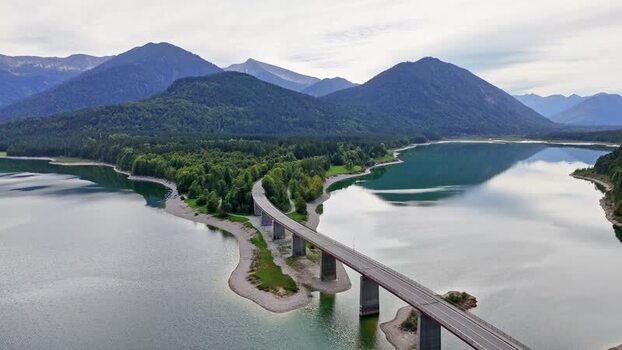 Aerial view of Sylvensteinsee bridge crossing the water Germany.