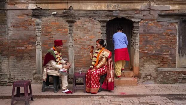View of a couple in traditional wedding attire in Kathmandu Nepal.