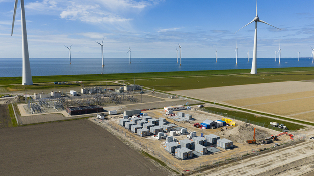 Espel Netherlands 04 April 2026 Aerial view of Construction of Battery Energy Storage System at Westermeerdijk Wind Park Espel Netherlands 04 April 2026 Aerial view of Construction of Battery Energy Storage System at Westermeerdijk Wind Park