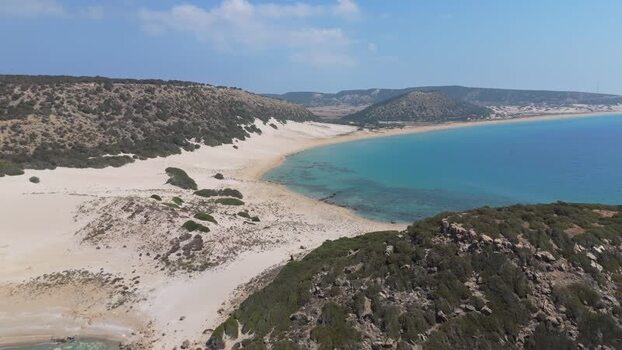 Aerial view of sandy beach and coastline in Northern Cyprus.