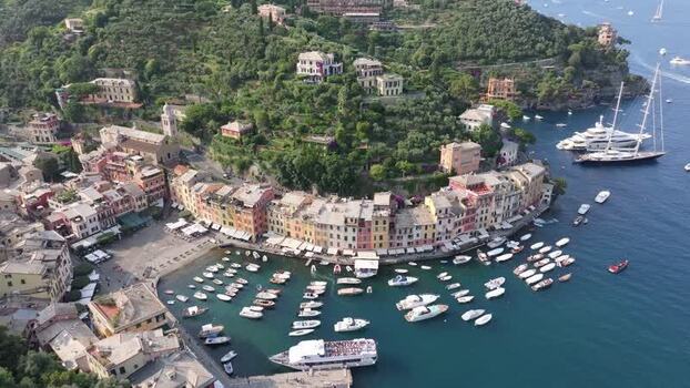 Aerial view of Portofino harbor and historic buildings Italy. Aerial view of Portofino harbor and historic buildings Italy.