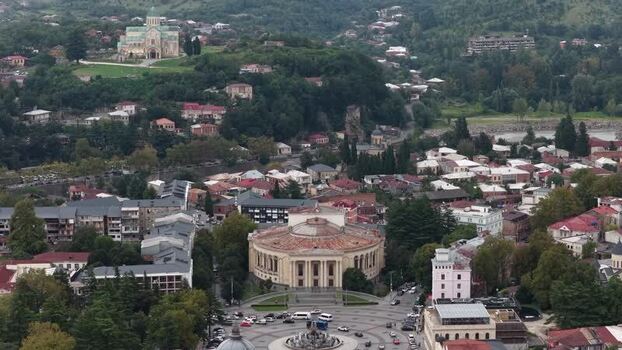 Aerial view of Kutaisi city center and Bagrati Cathedral Georgia.