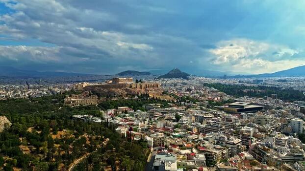 Aerial view of the Acropolis of Athens Greece.
