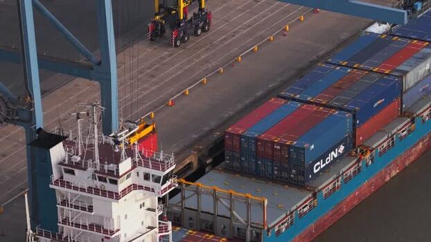 Aerial view of Tilbury Docks cargo ship in Tilbury United Kingdom.