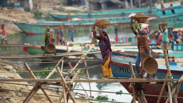 View of workers carrying baskets on planks in Aminbazar Bangladesh. View of workers carrying baskets on planks in Aminbazar Bangladesh.