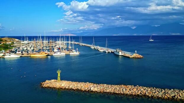 Aerial view of boats in a marina in Crete Greece.